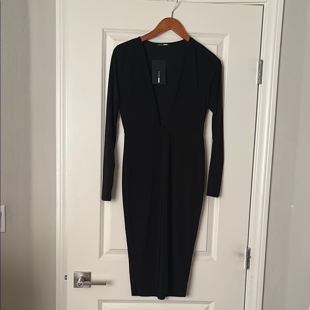 Fashion Nova Black Plunge Long Sleeve Bodycon Dress